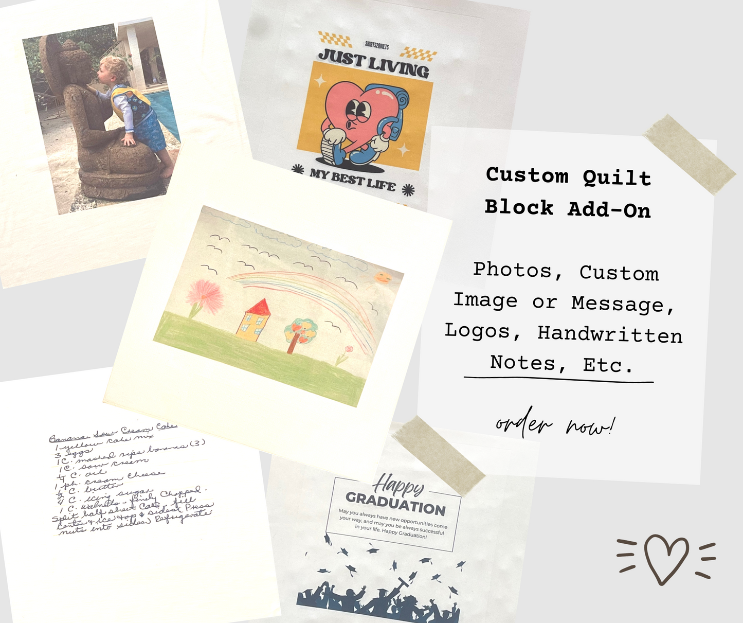 Custom Printed Quilt Block Add On, Sublimation Print, Photos Printed on Fabric, Handwritten Notes, Custom Message added on to your Quilt.